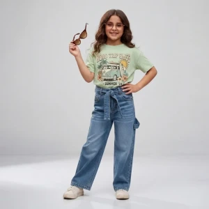 Tween Girls Blue Wide-Leg Denim Jeans with Waist Belt