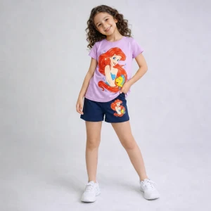 Girls’ summer cotton pajamas Purple T-Shirt & Navy Shorts The Little Mermaid