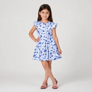 White & Blue Floral Dress with Ruffled Sleeves - Imported