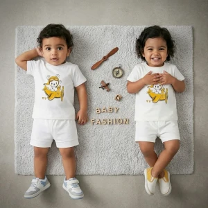 Infant summer cotton Pajama Set – Bear Design for (Boys & Girls) white