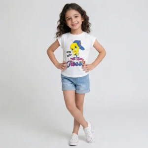 Girls cotton  Tweety oval cut T-Shirt – White