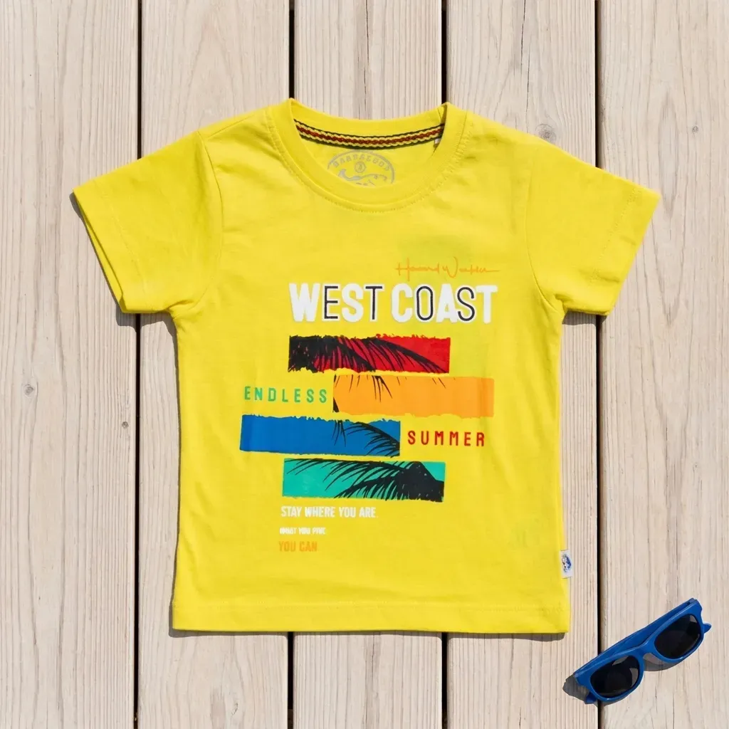 Boys’ summer cotton T-Shirt – West Coast Yellow – Sky blue