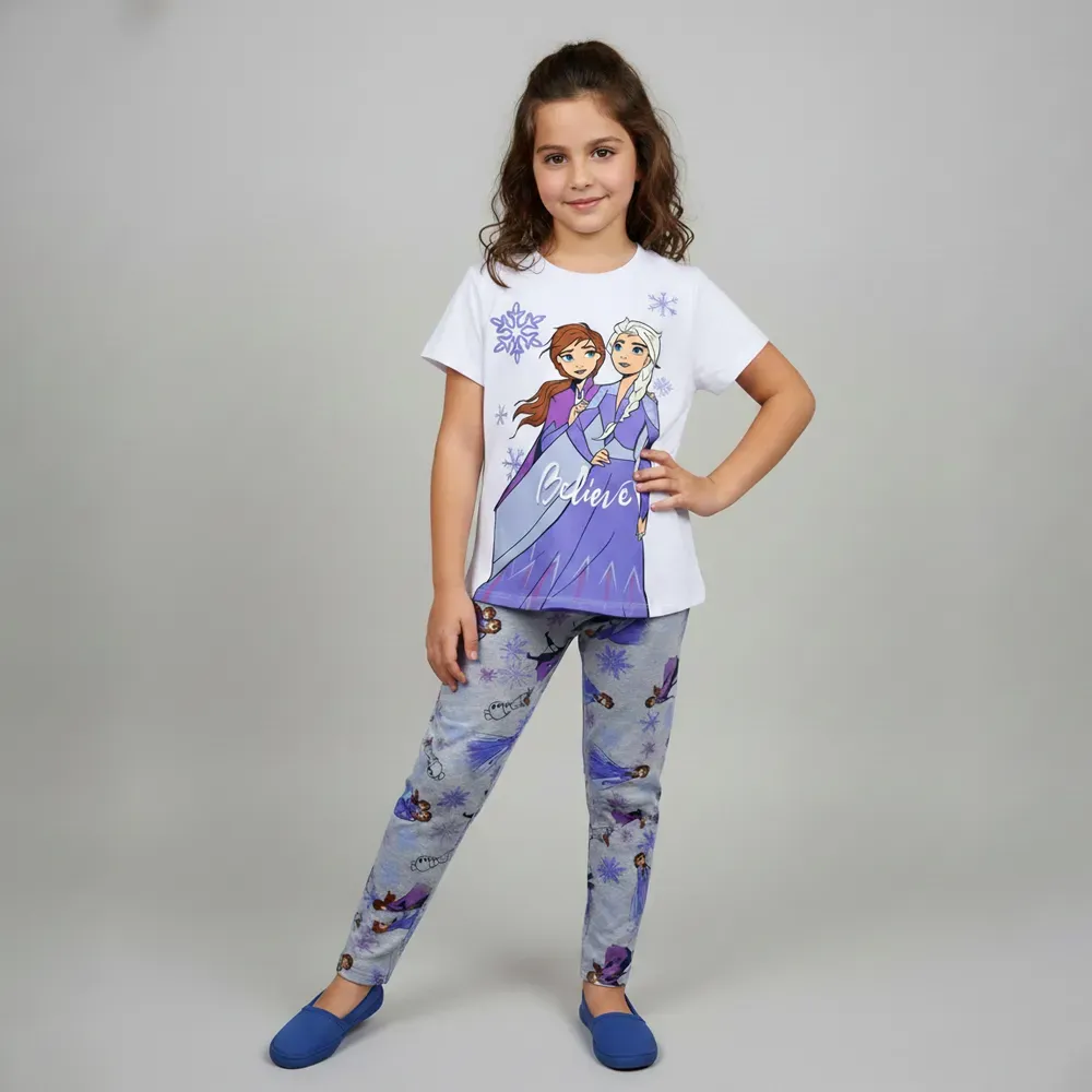 Girls summer cotton Pajama T shirt & pants Elsa & Anna Design