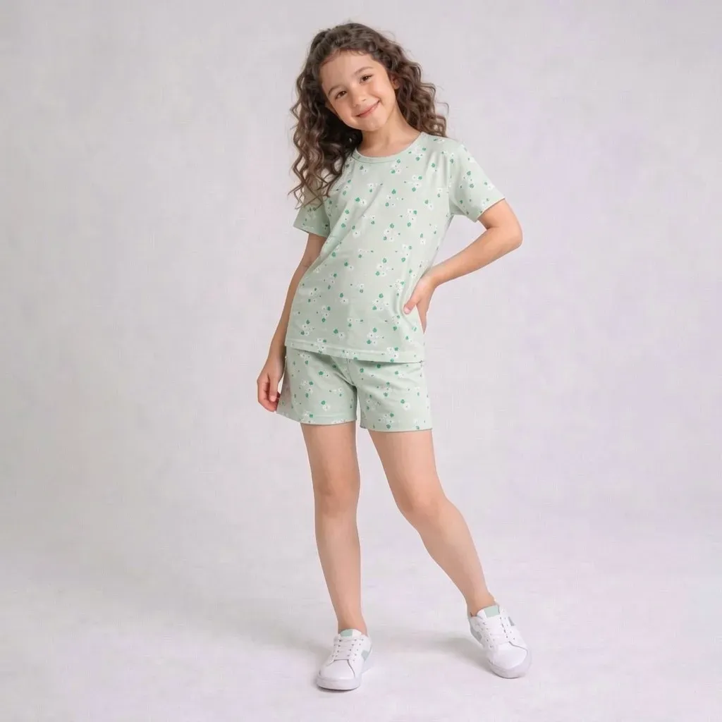 Summer cotton pajama set for girls – T-shirt & shorts with floral design Lavender & Mint green