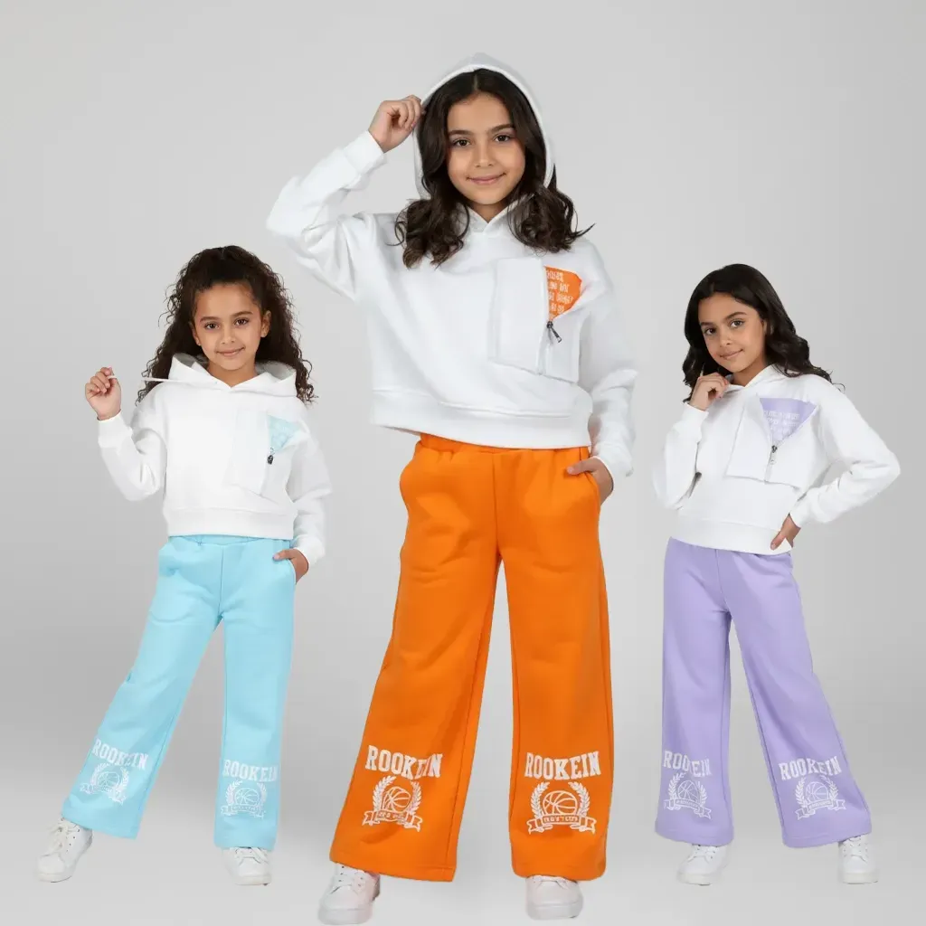 Girls' Winter Casual Set  White Front-Pocket Hoodie & WideLeg Pants