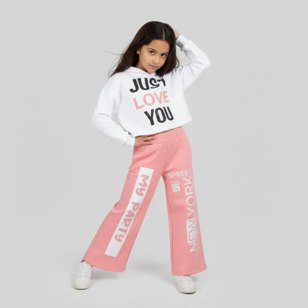 Girls' Trendy Winter Outfit Printed Crop Hoodie with Wide Leg Pants