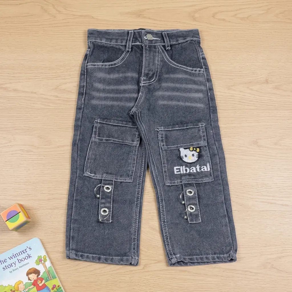 Girls’ Grey Cargo Jeans with Side Pockets Hello Kitty design