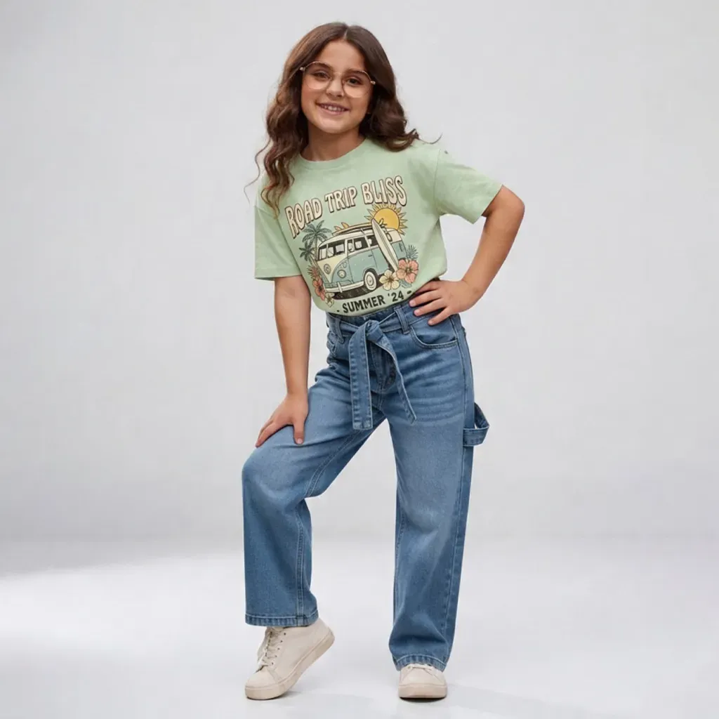 Tween Girls Blue Wide-Leg Denim Jeans with Waist Belt