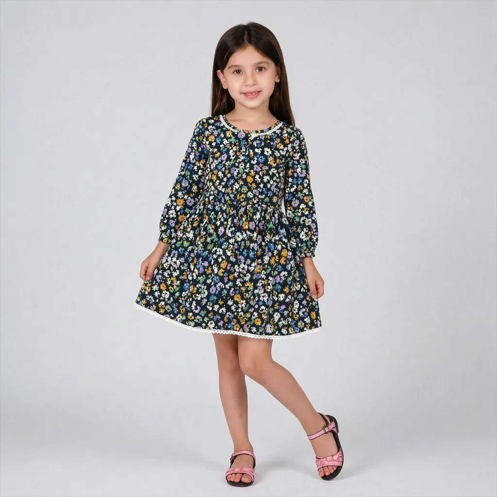Long-Sleeve Navy Floral Dress with Lace – Autumn & Winter Model