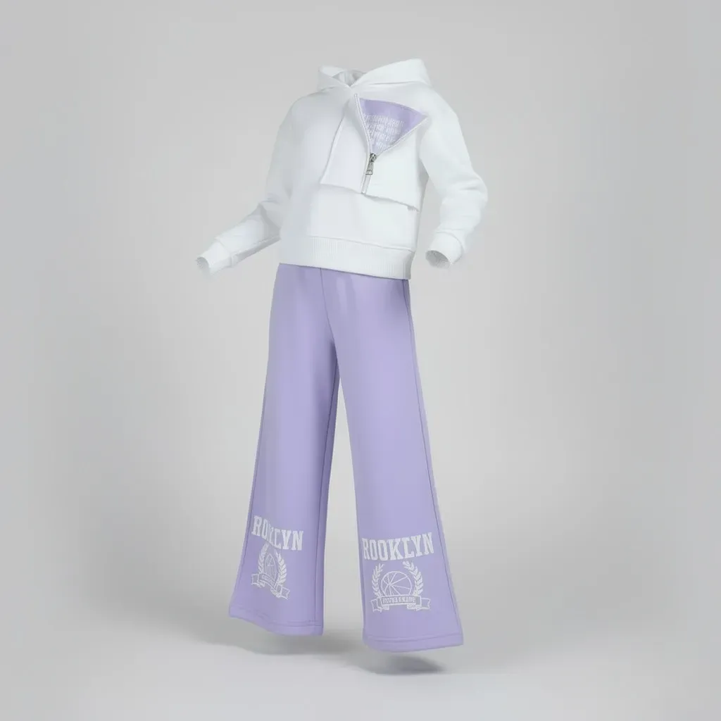 Girls' Winter Casual Set  White Front-Pocket Hoodie & WideLeg Pants
