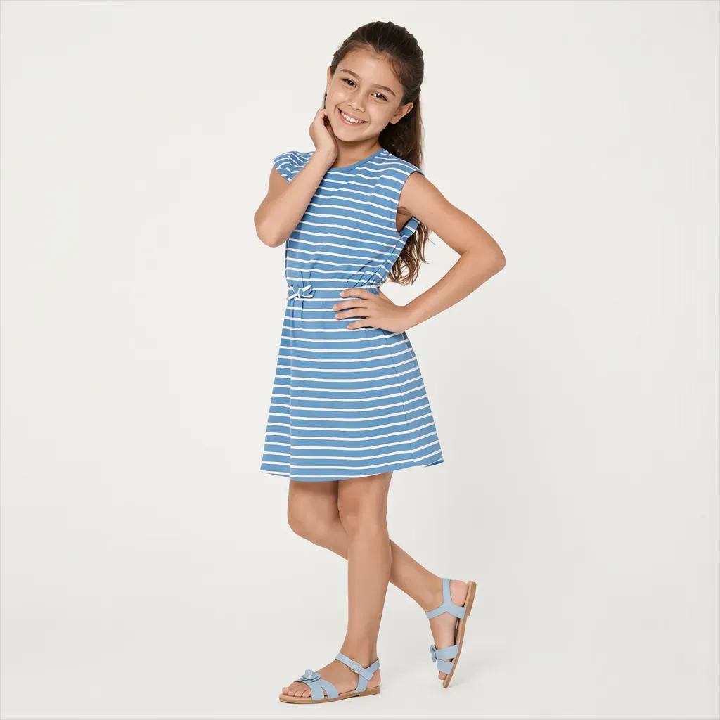Blue & White Striped Dress with Waist Tie |  Kids' Outing Dress - Imported