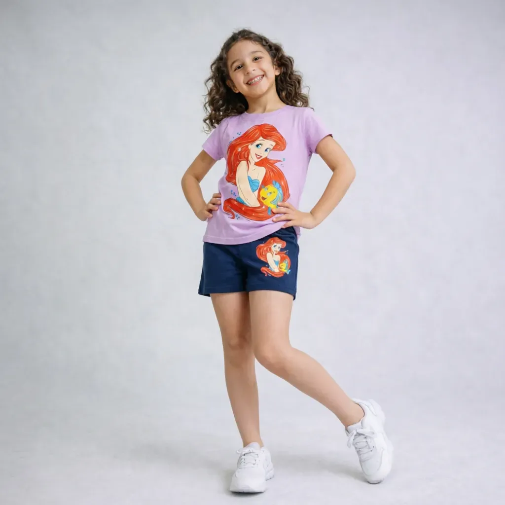 Girls’ summer cotton pajamas Purple T-Shirt & Navy Shorts The Little Mermaid