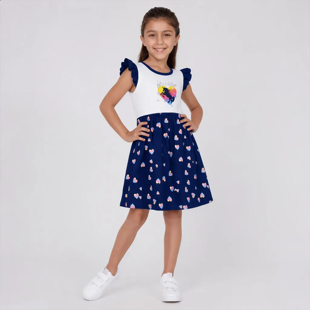 Girls' White and Navy Unicorn Summer Dress - Imported