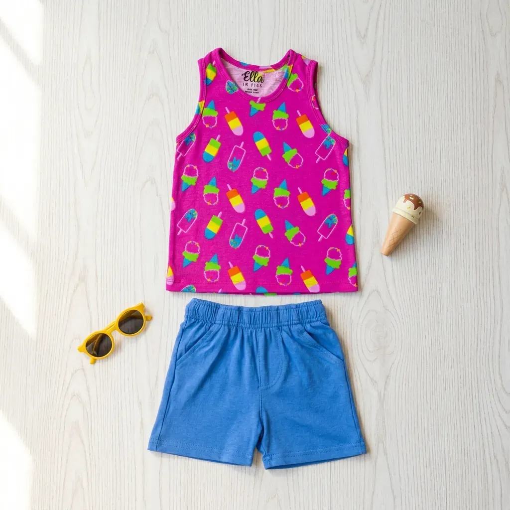 Cotton summer Set for Boys & Girls Ice Cream Vibes Fuchsia with blue shorts