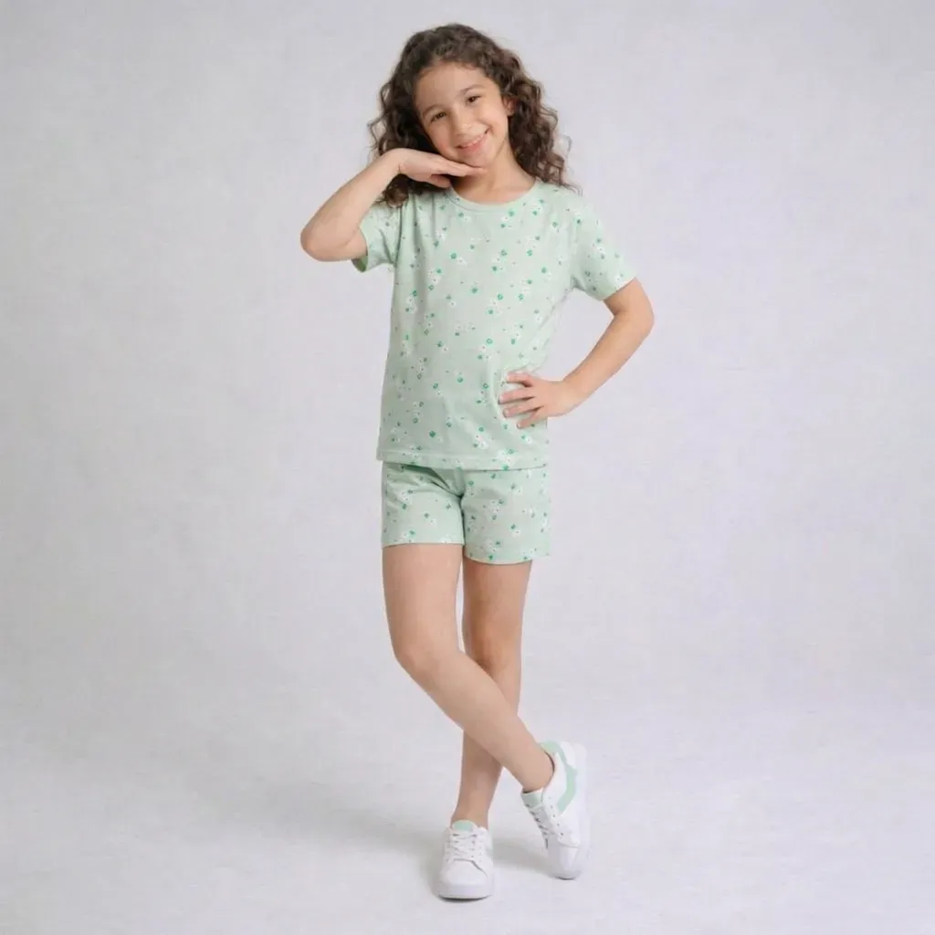 Summer cotton pajama set for girls – T-shirt & shorts with floral design Lavender & Mint green