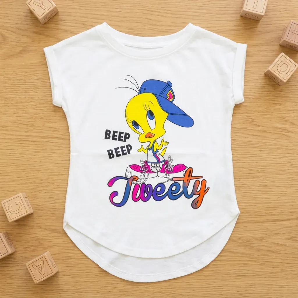 Girls cotton  Tweety oval cut T-Shirt – White
