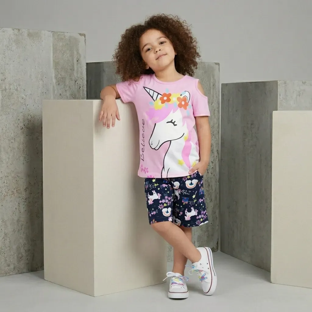 Girls Unicorn cotton summer pajama set – Pink & Mint Green