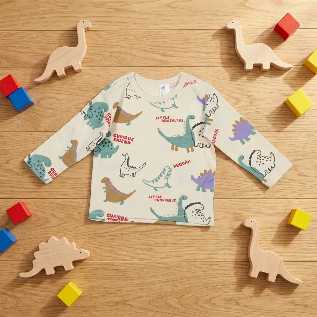 Baby boys' dinosaur patterned winter t-shirt Beige