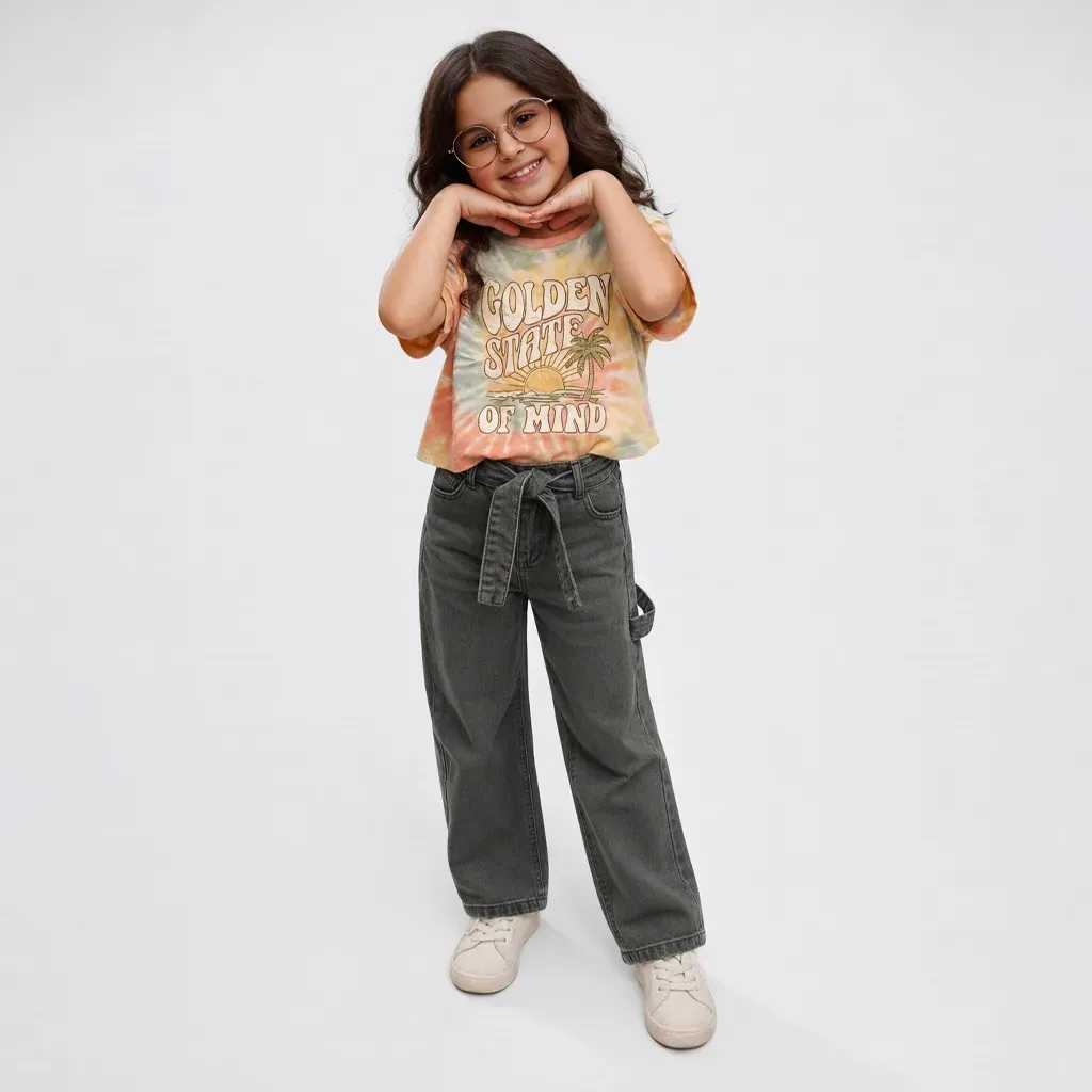 Tween Girls Gray Wide-Leg Denim Jeans with Waist Belt