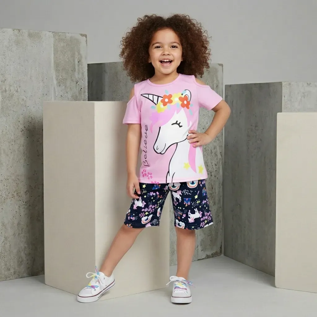 Girls Unicorn cotton summer pajama set – Pink & Mint Green