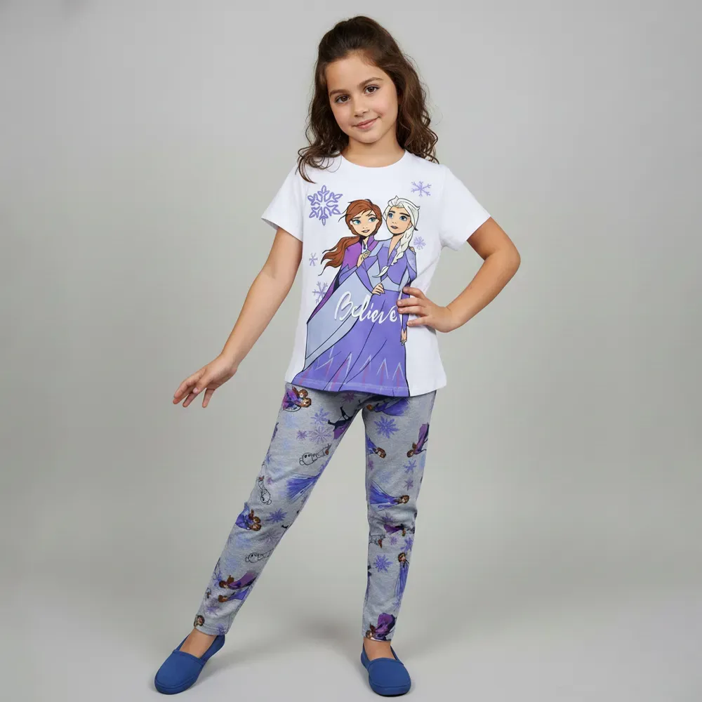 Girls summer cotton Pajama T shirt & pants Elsa & Anna Design