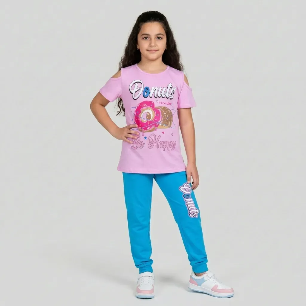 Tween girls’ summer cotton pajama with Donut Design Ping T shirt & Baby Blue pants