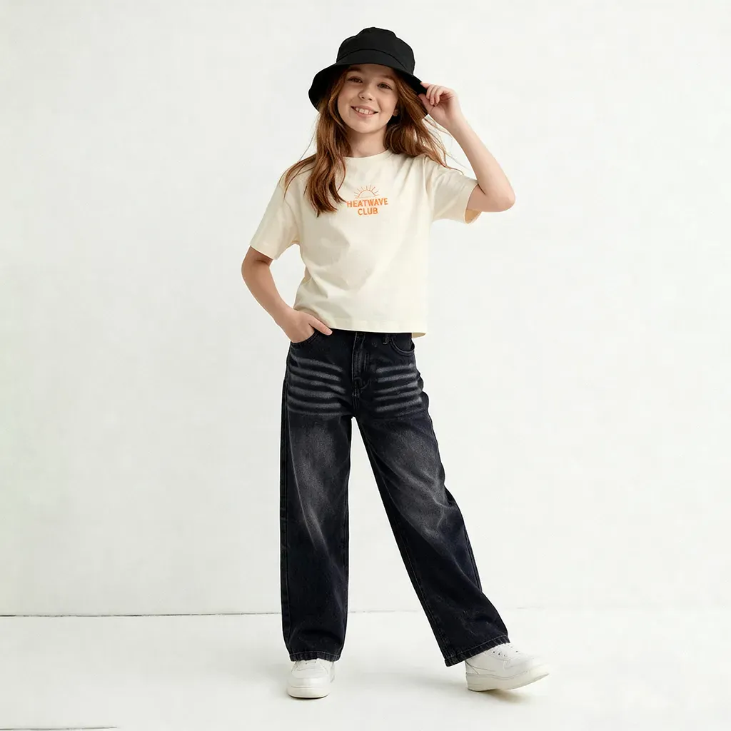 Girls’ Gray Wide-Leg Jeans Relax Fit Pants