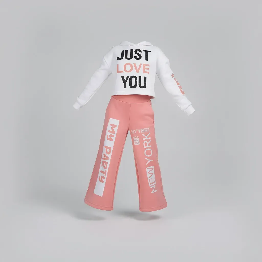 Girls' Trendy Winter Outfit Printed Crop Hoodie with Wide Leg Pants