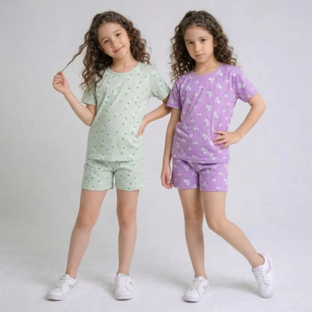 Summer cotton pajama set for girls – T-shirt & shorts with floral design Lavender & Mint green