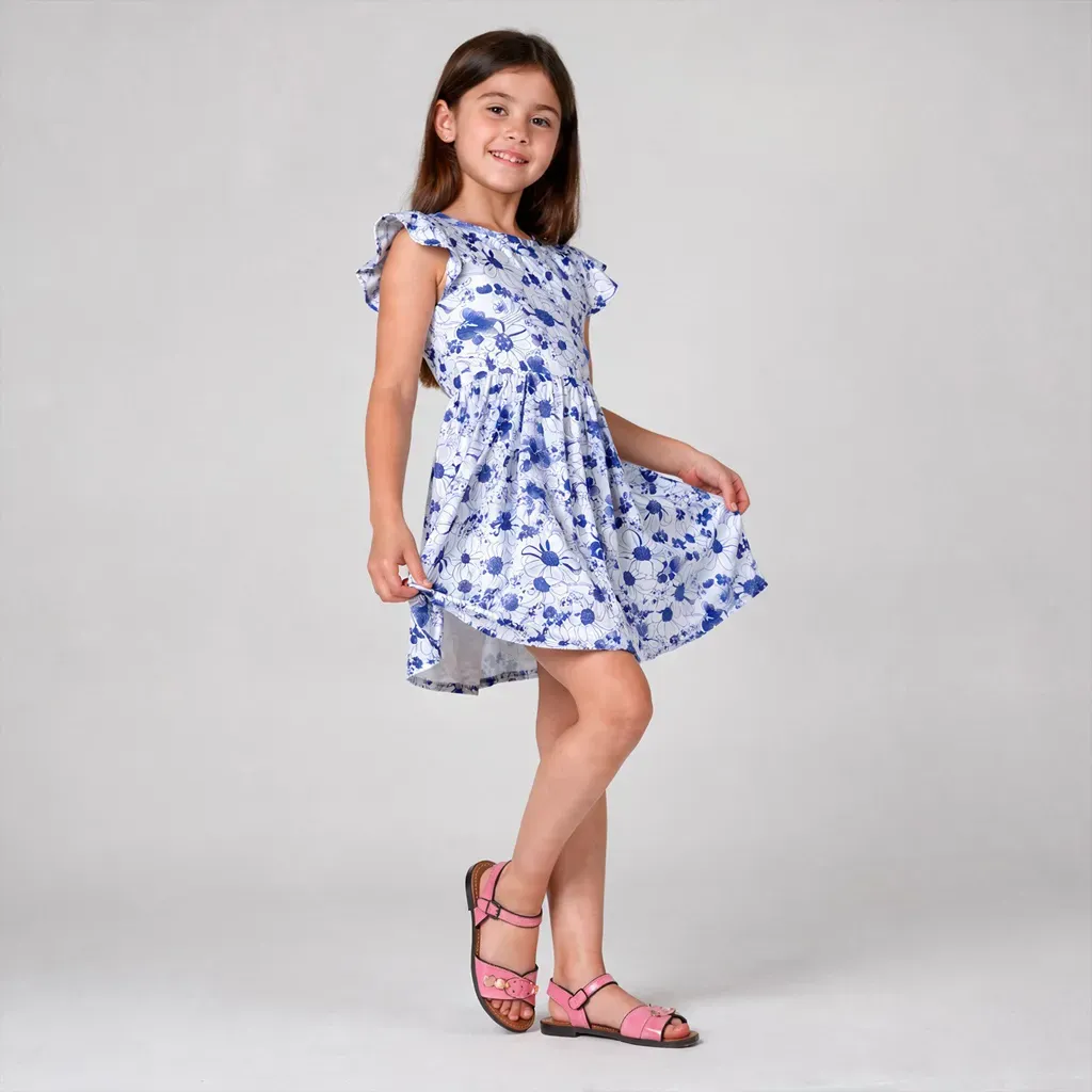 White & Blue Floral Dress with Ruffled Sleeves - Imported