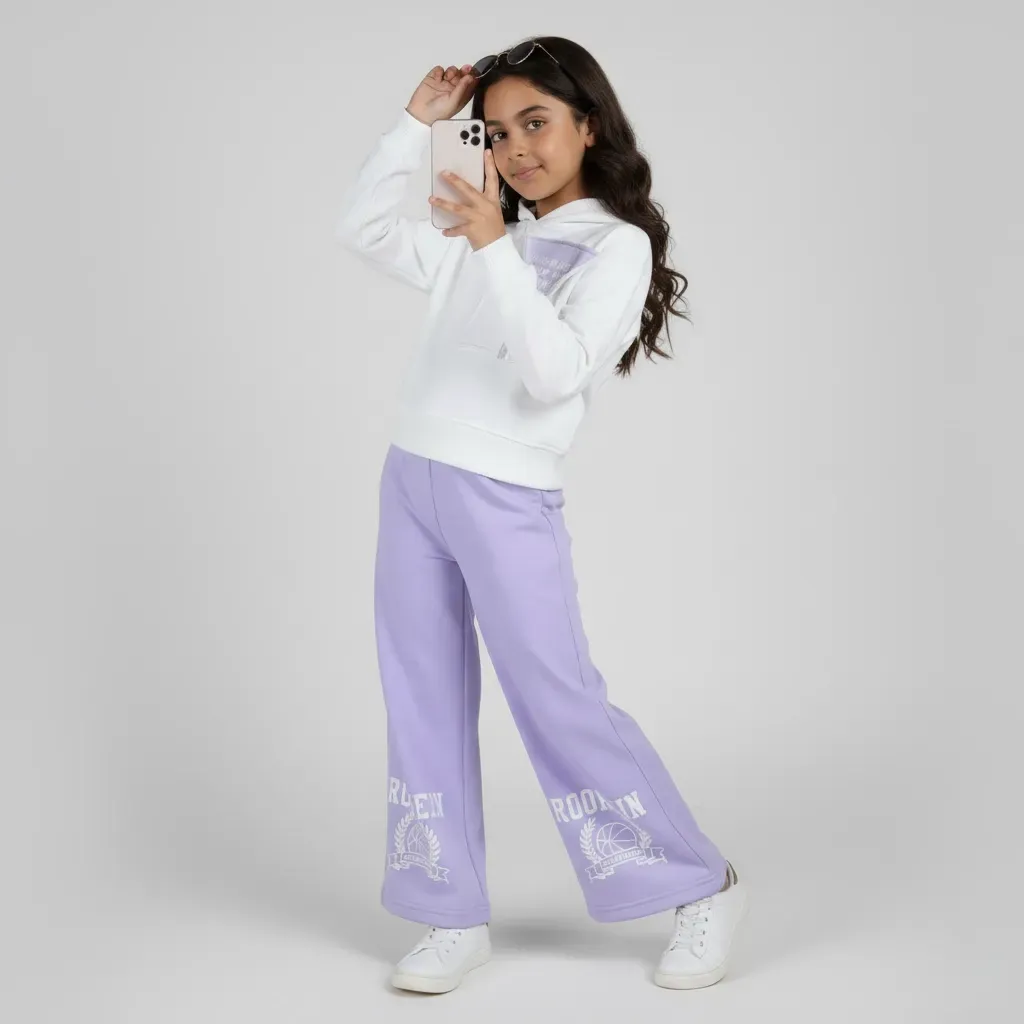 Girls' Winter Casual Set  White Front-Pocket Hoodie & WideLeg Pants