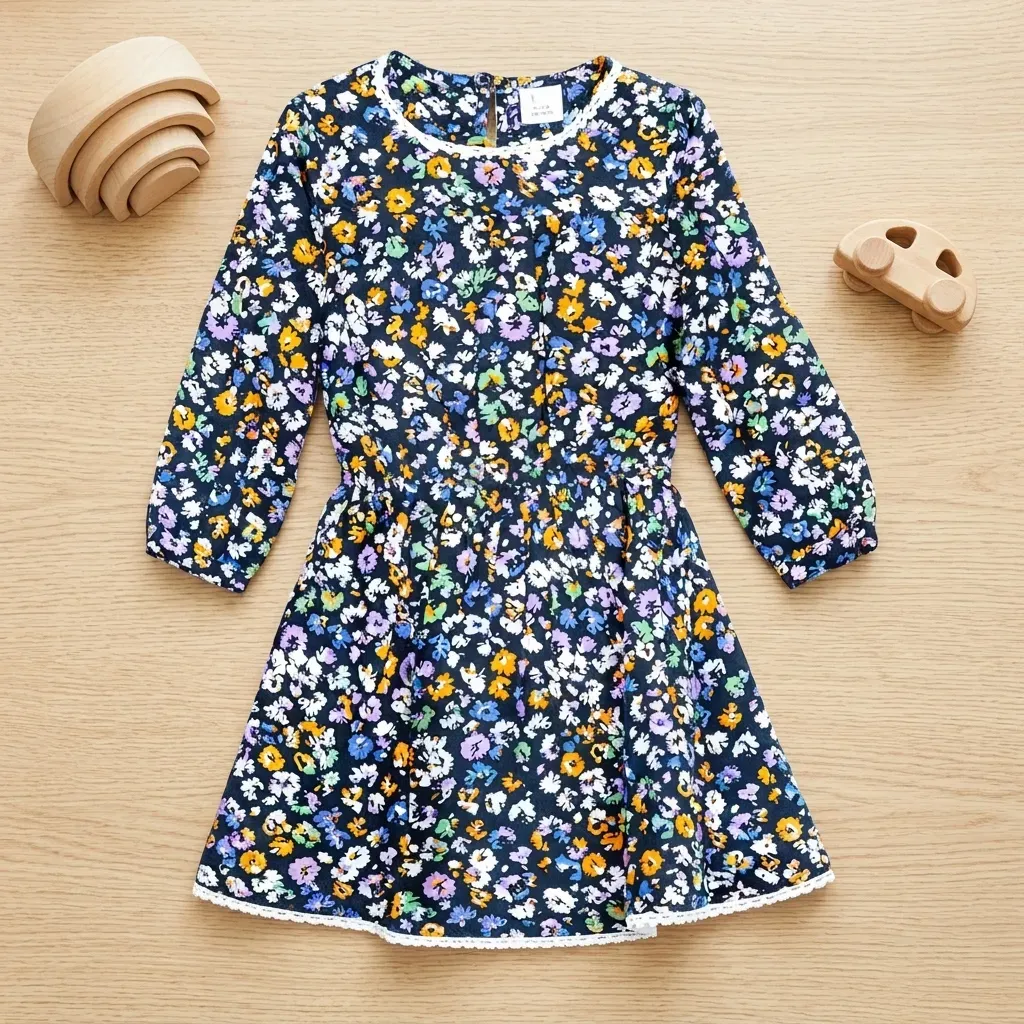 Long-Sleeve Navy Floral Dress with Lace – Autumn & Winter Model