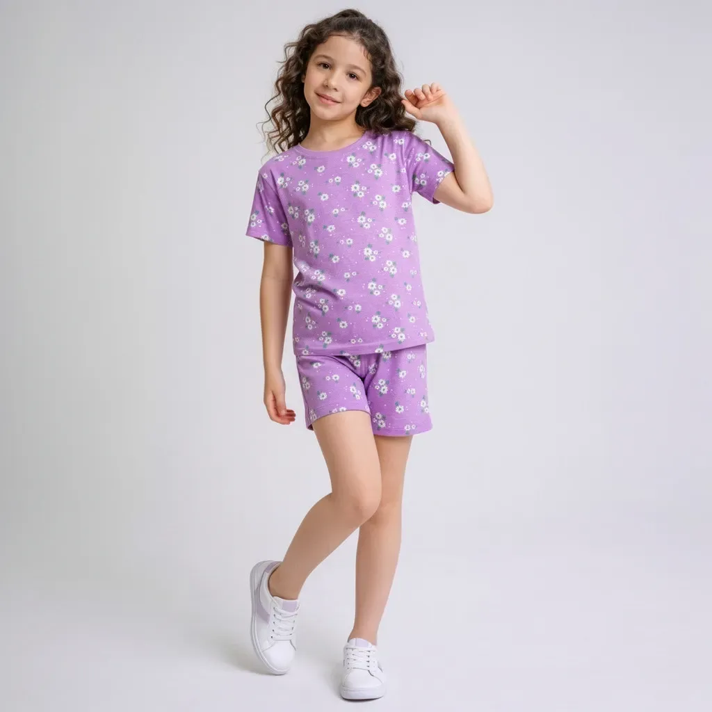 Summer cotton pajama set for girls – T-shirt & shorts with floral design Lavender & Mint green