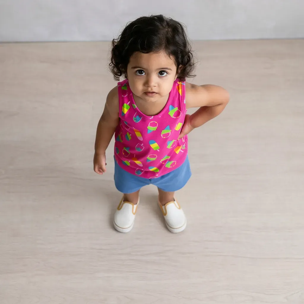 Cotton summer Set for Boys & Girls Ice Cream Vibes Fuchsia with blue shorts