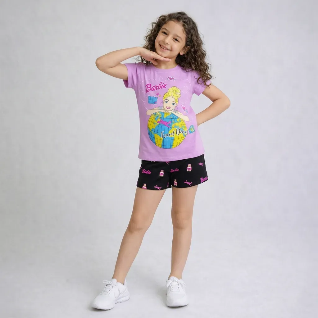 Girls’ summer cotton pajama set ( Lila Barbie ) Lavender T-Shirt & black Shorts