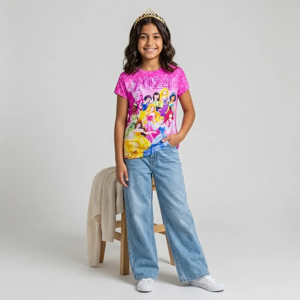 Girls summer T-Shirt with All-Over Disney Print Pink