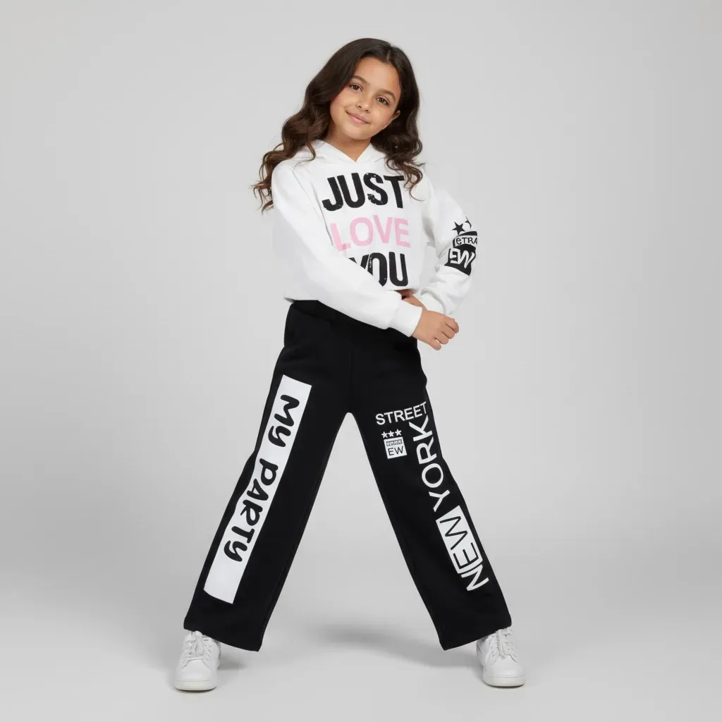 Girls' Trendy Winter Outfit Printed Crop Hoodie with Wide Leg Pants