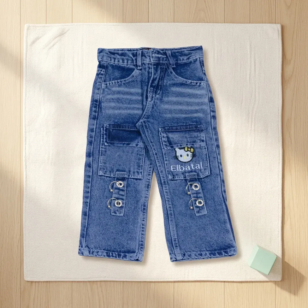 Girls’ Blue Cargo Jeans with Side Pockets Hello Kitty design