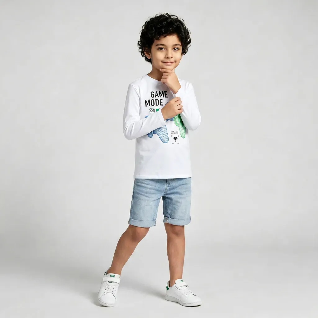 Boys' cotton long-sleeve game mode t-shirt