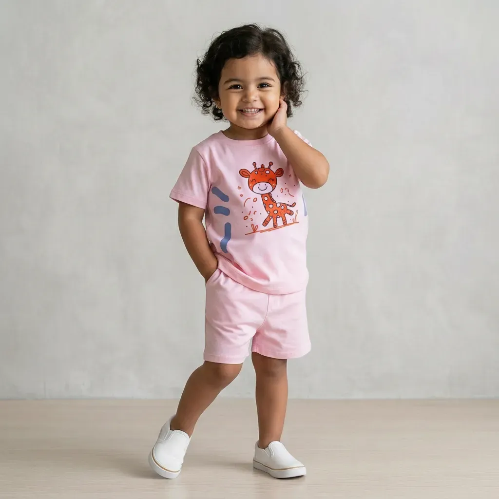 Kids summer cotton pajamas –Giraffe Design pink