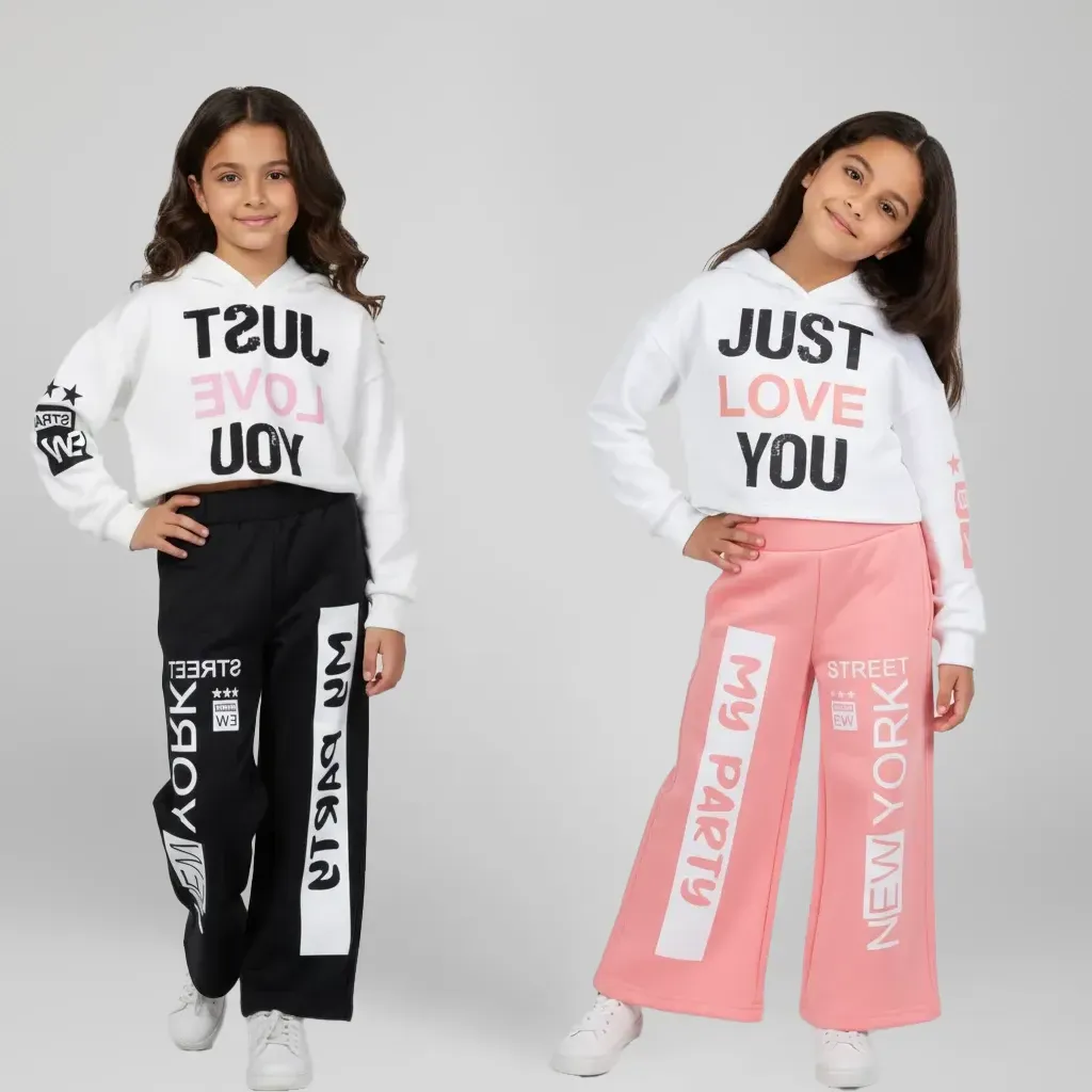 Girls' Trendy Winter Outfit Printed Crop Hoodie with Wide Leg Pants