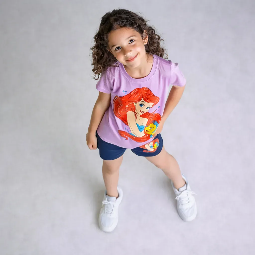 Girls’ summer cotton pajamas Purple T-Shirt & Navy Shorts The Little Mermaid