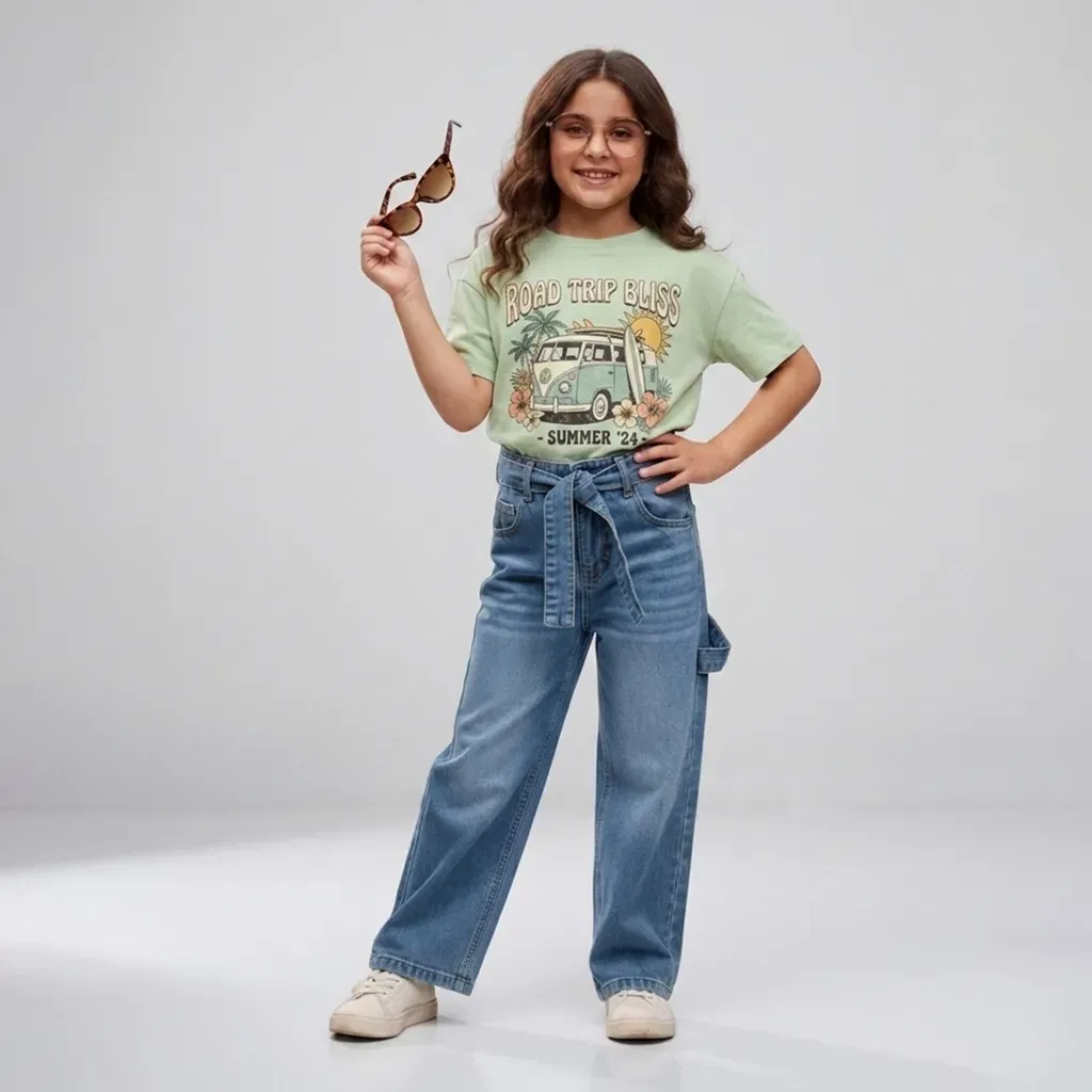 Tween Girls Blue Wide-Leg Denim Jeans with Waist Belt