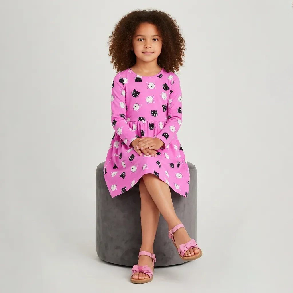 Pink patterned dress Long-Sleeve  Autumn & Winter