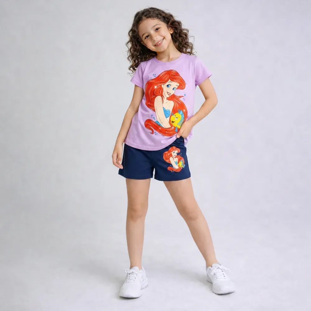 Girls’ summer cotton pajamas Purple T-Shirt & Navy Shorts The Little Mermaid