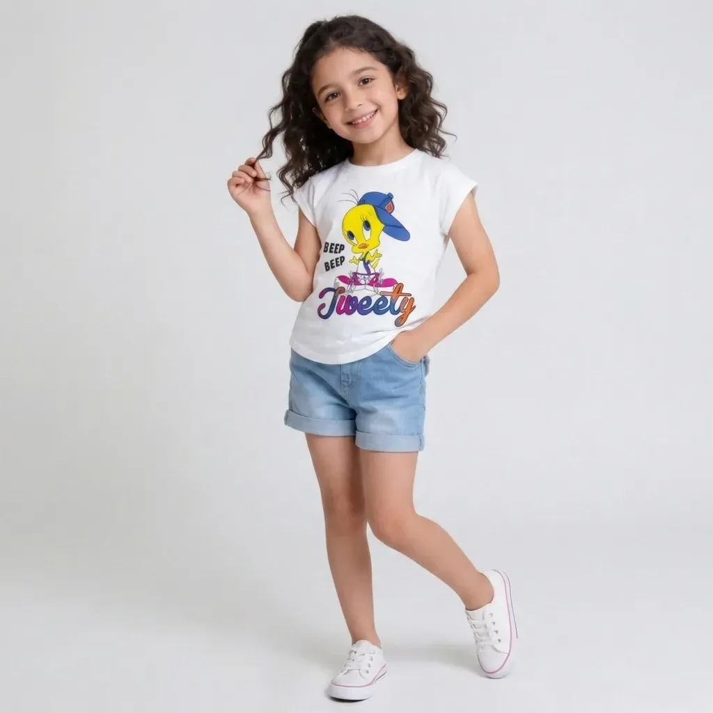 Girls cotton  Tweety oval cut T-Shirt – White