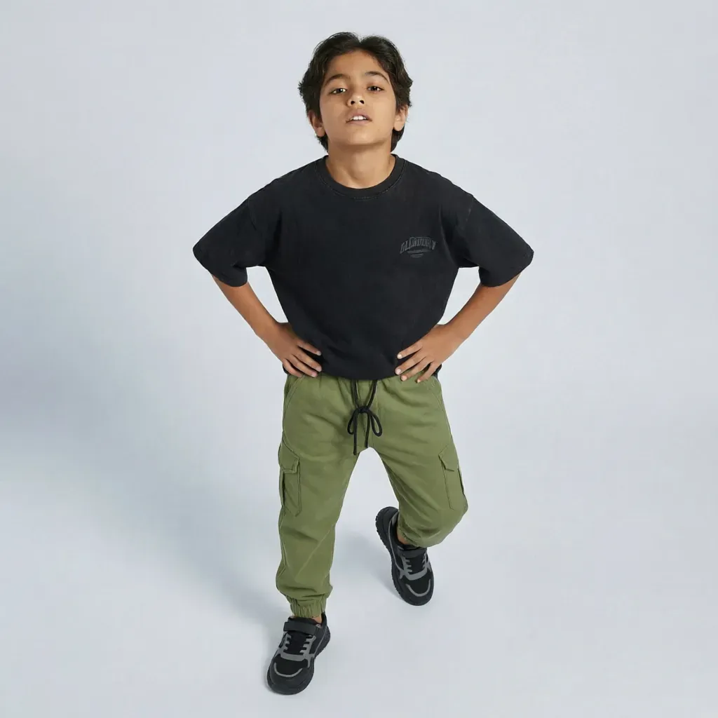 Gabardine pants for Boys baggy design color Olive