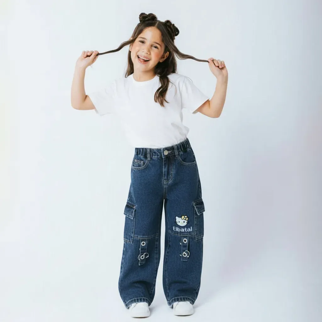 Girls’ Blue Cargo Jeans with Side Pockets Hello Kitty design