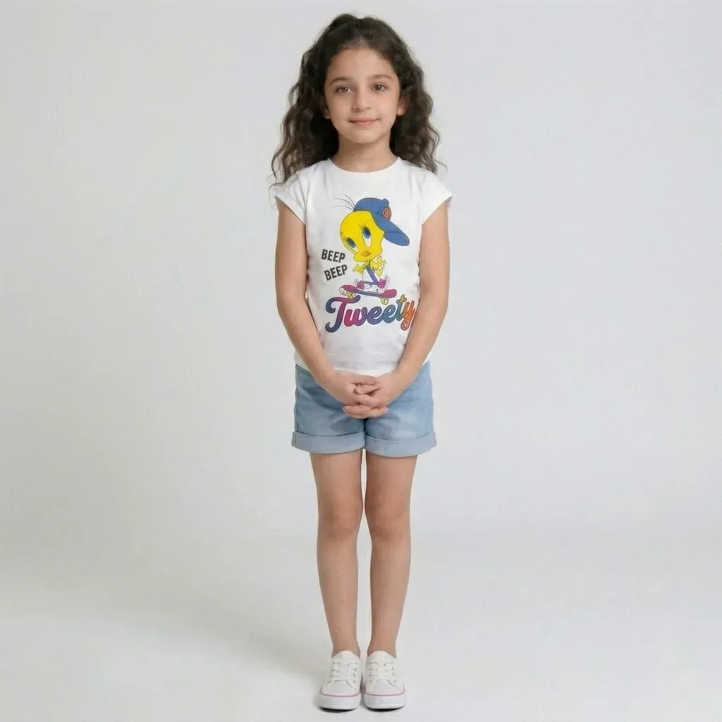 Girls cotton  Tweety oval cut T-Shirt – White