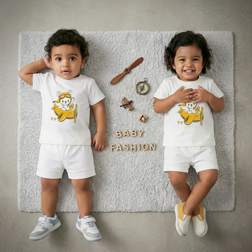 Infant summer cotton Pajama Set – Bear Design for (Boys & Girls) white